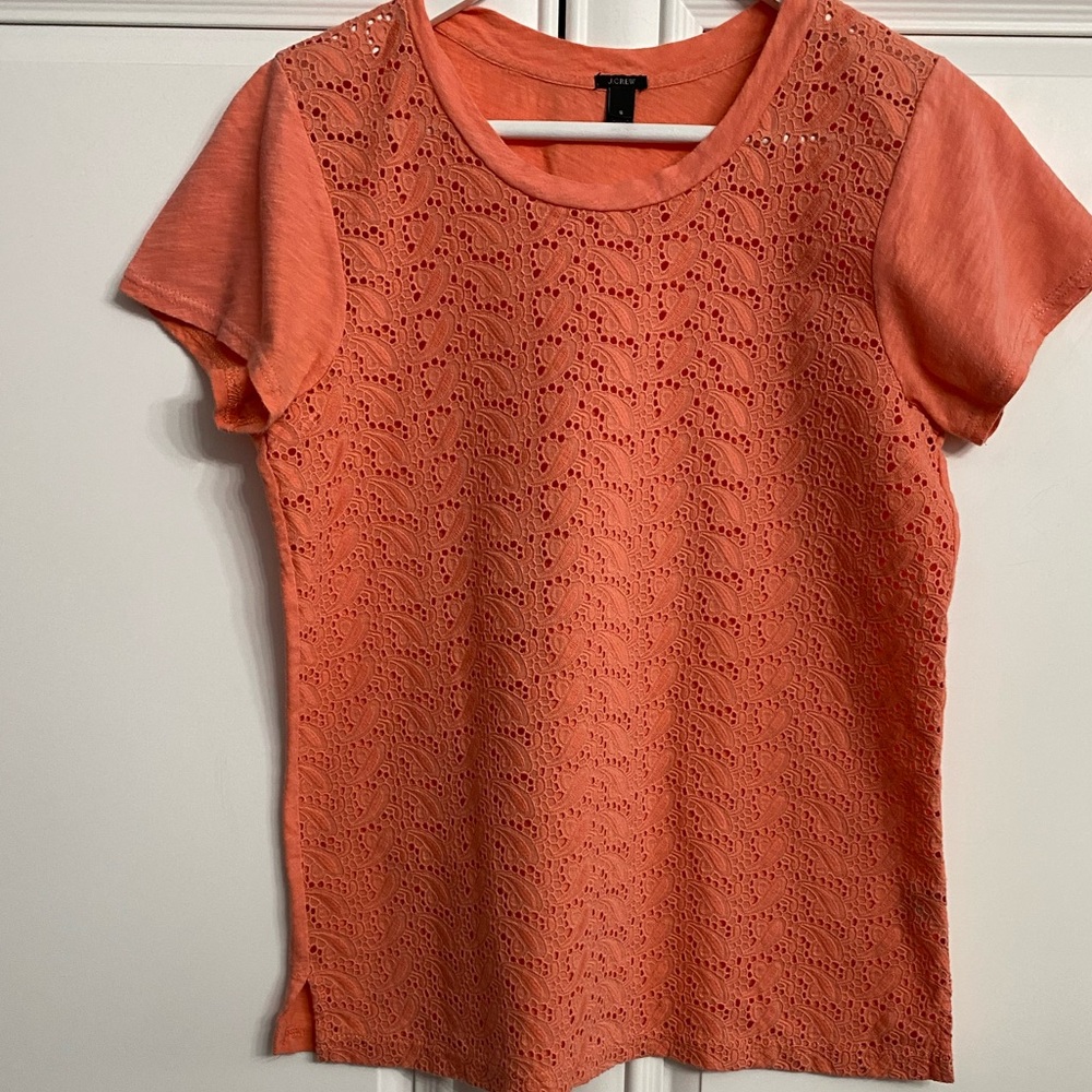 J Crew Women’s Size Small Short Sleeve Scoop Neck Orange Paisley Eyelet Tee
